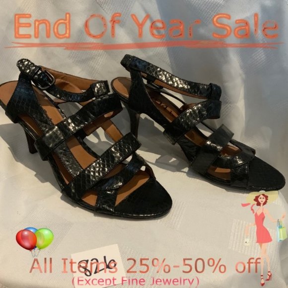 Black Snake Skin Strappy Heels - Picture 1 of 5